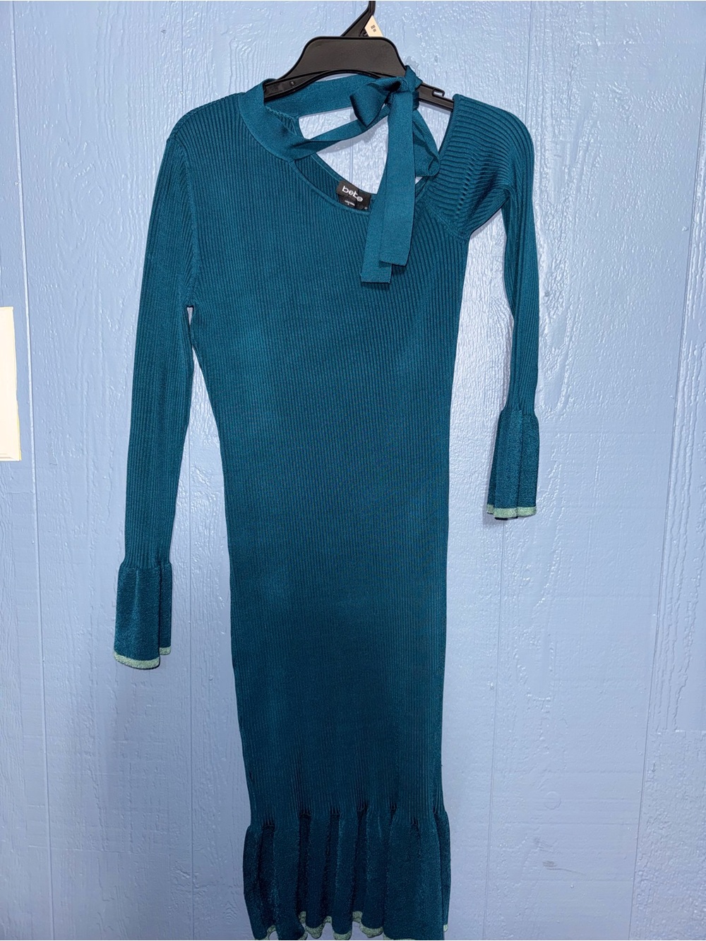 Y2K BEBE Teal Ribbed Long-Sleeve Tie-Neck Dress